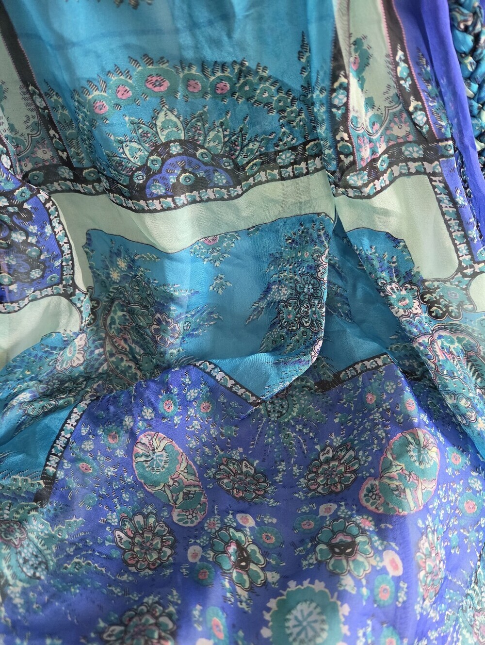 Blue Silk beaded maxi dress gown with waist tie patchwork boho stretch waist 4 - Picture 4 of 16